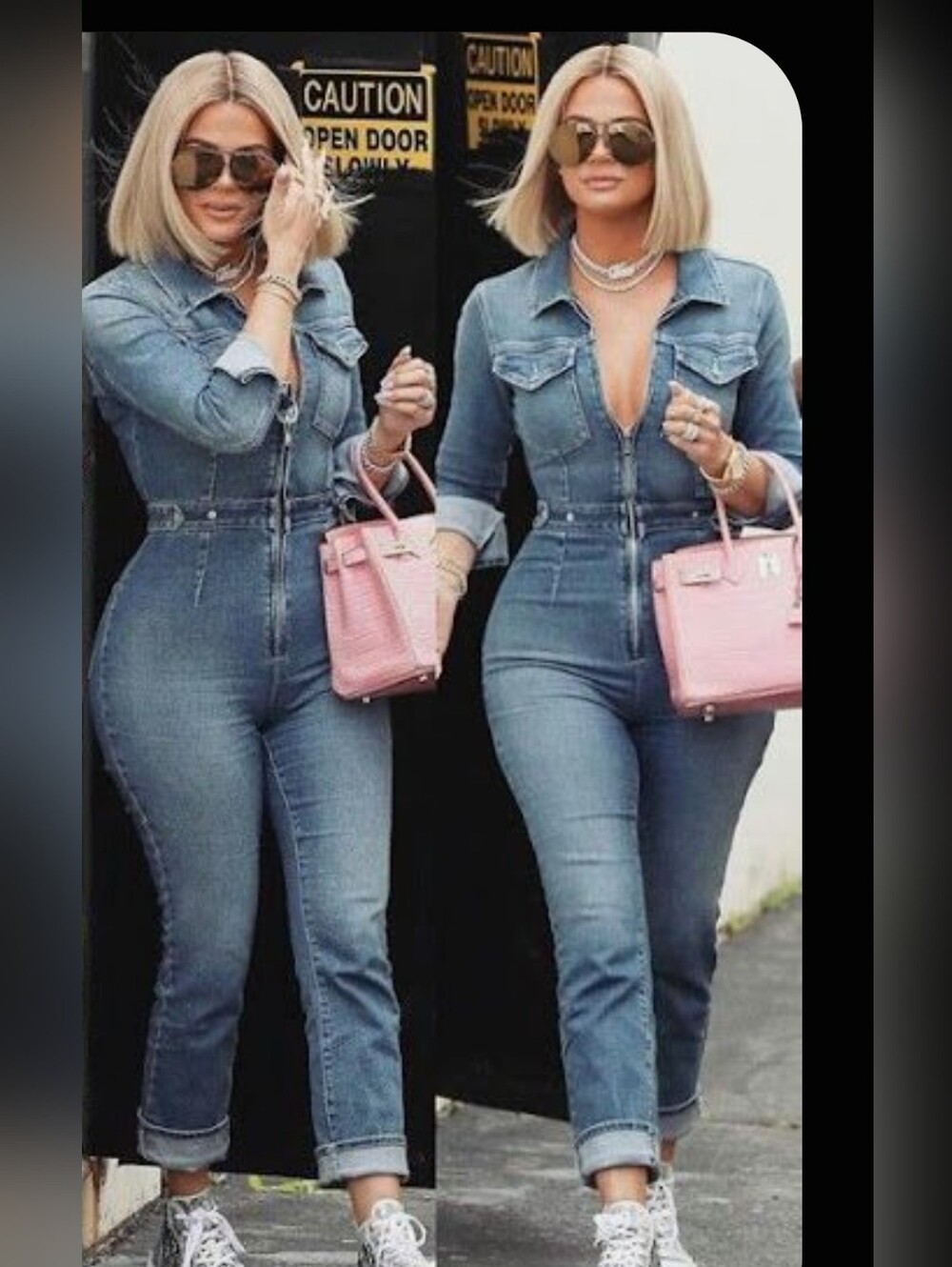 Good American Blue Denim Flare Jumpsuit